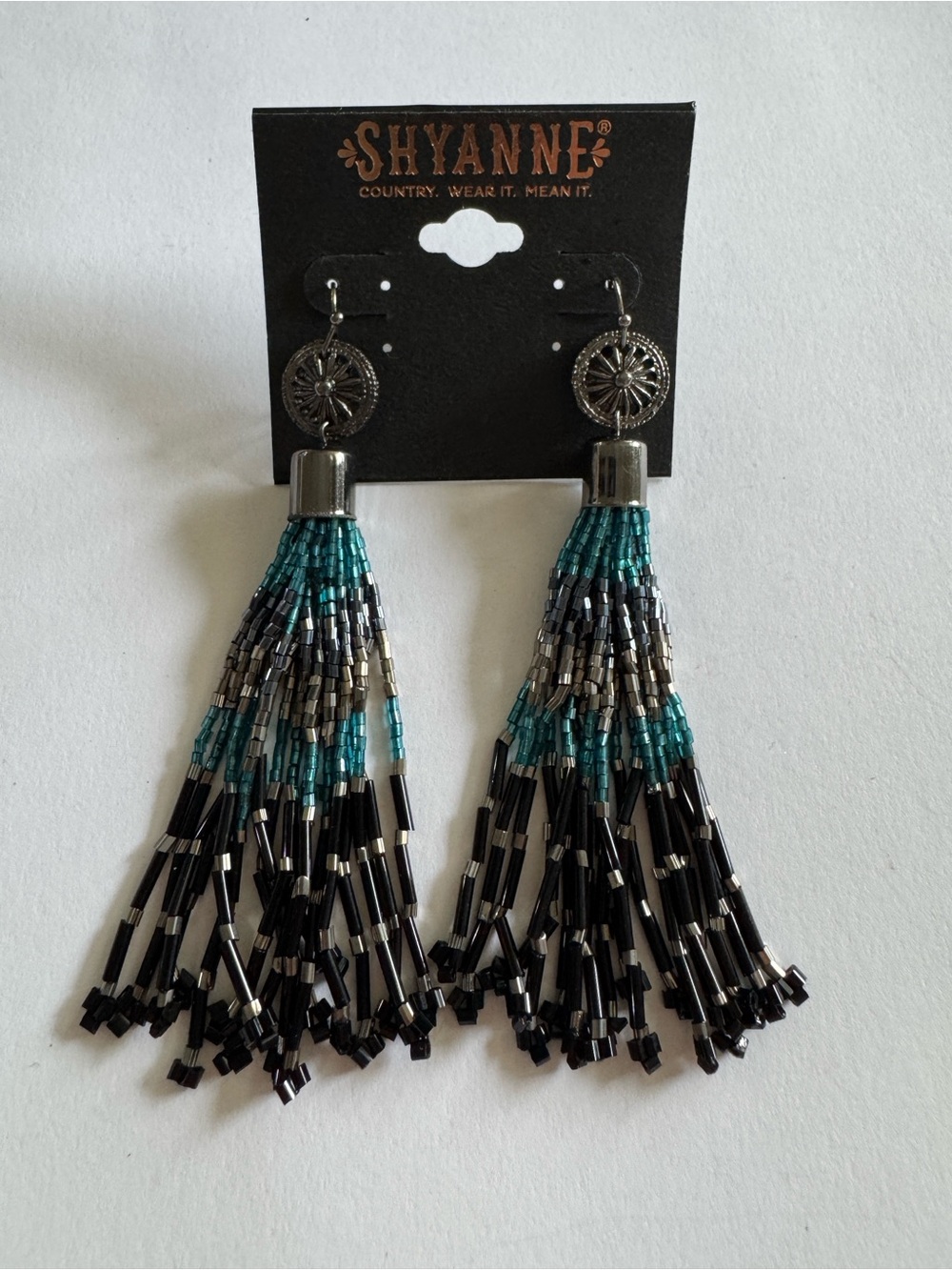 Shyanne Teal, Silver and Black Beaded Tassel Earrings